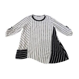 Ali Miles Tunic Top Women 2X Black White Striped Asymmetrical Artsy Shirt